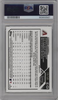 Corbin Carroll from the 2023 Topps Chrome Update set featuring a Gold Refractor parallel graded by PSA and given an overall grade of 10.