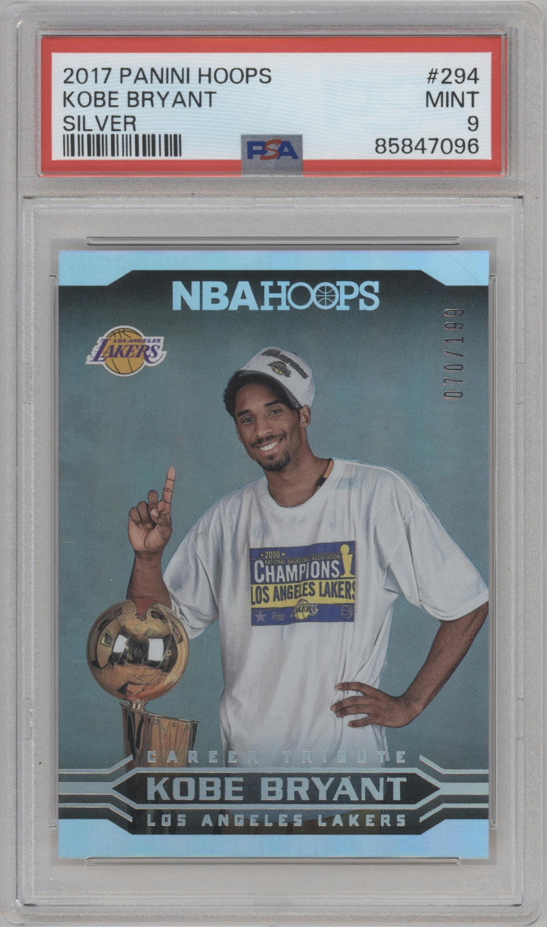 Kobe Bryant from the 2017-18 Panini NBA Hoops set featuring a Silver parallel graded by PSA and given an overall grade of 9.