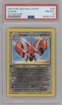 Scizor from the 2001 Pokemon Neo Genesis set graded by PSA and given an overall grade of 8.