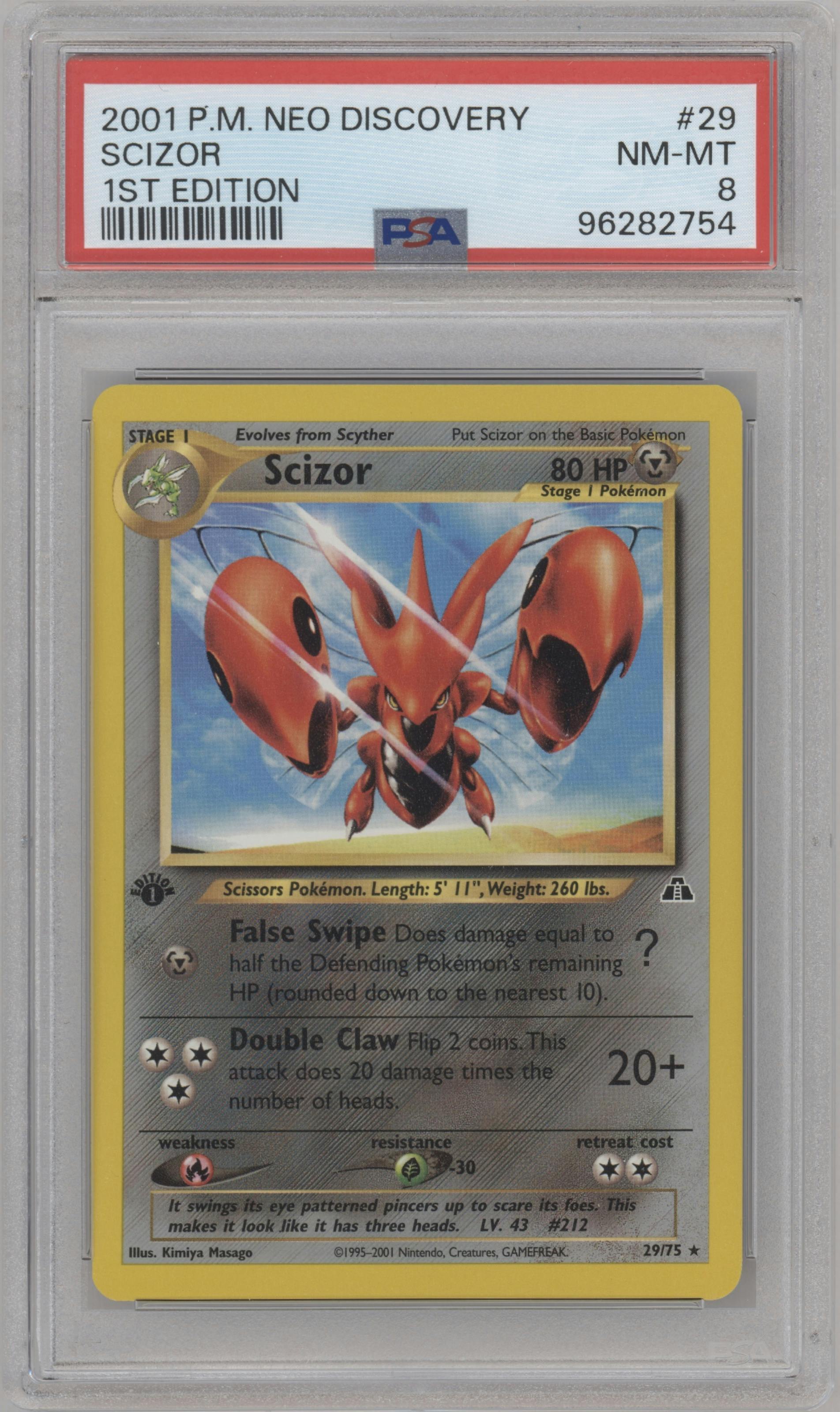 Scizor from the 2001 Pokemon Neo Genesis set graded by PSA and given an overall grade of 8.