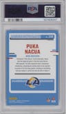 Puka Nacua from the 2023 Donruss Optic set featuring a Holo parallel graded by PSA and given an overall grade of 10.