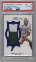 Aaron Rodgers from the 2018 Panini Flawless set featuring a Sapphire parallel graded by PSA and given an overall grade of 10.
