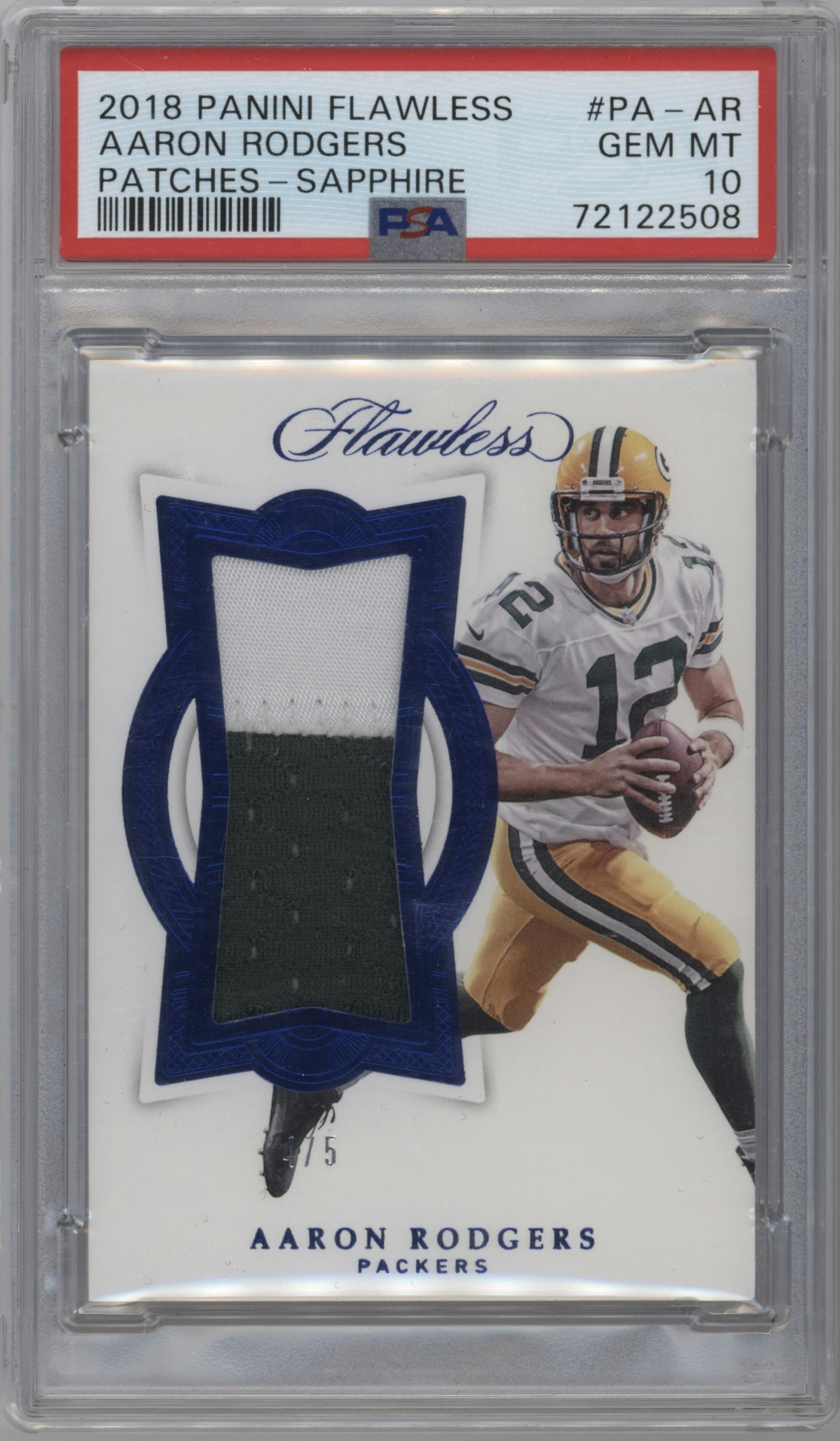 Aaron Rodgers from the 2018 Panini Flawless set featuring a Sapphire parallel graded by PSA and given an overall grade of 10.