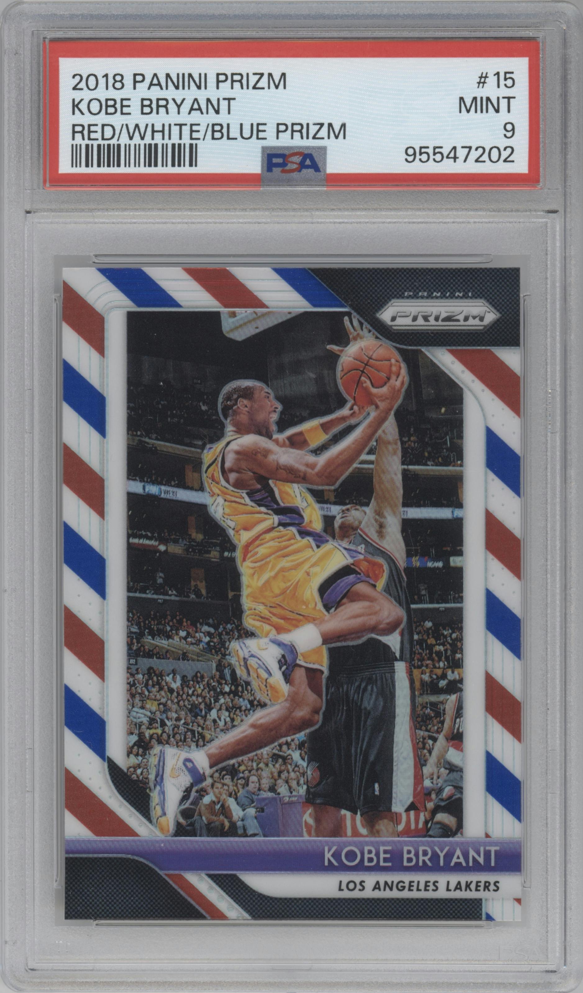Kobe Bryant from the 2018-19 Panini Prizm set featuring a Red White Blue Prizm parallel graded by PSA and given an overall grade of 9.