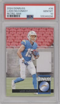 Ladd McConkey from the 2024 Donruss set graded by PSA and given an overall grade of 10.