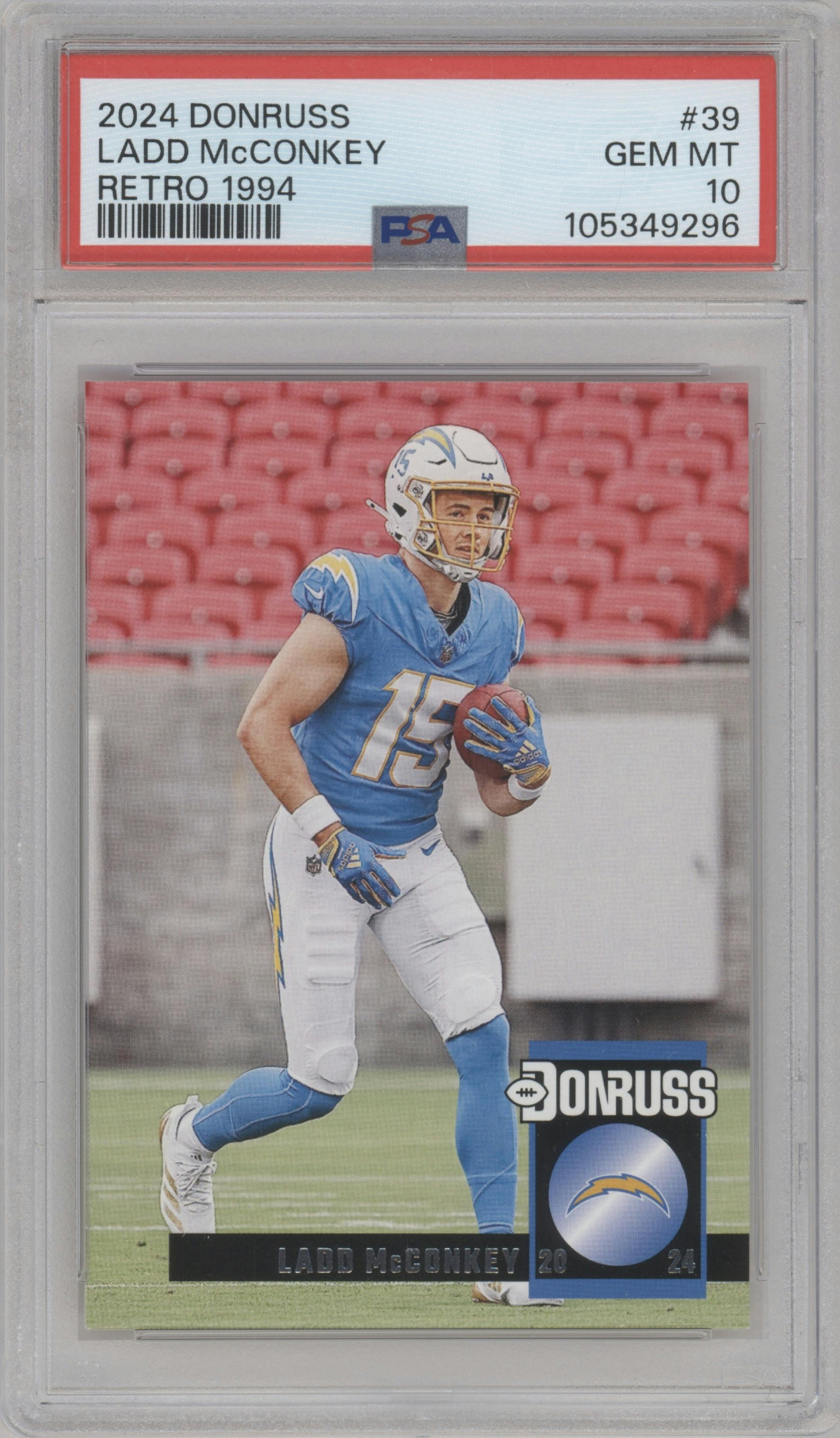 Ladd McConkey from the 2024 Donruss set graded by PSA and given an overall grade of 10.