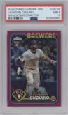 Jackson Chourio from the 2024 Topps Chrome Update set featuring a Magenta Refractor parallel graded by PSA and given an overall grade of 9.