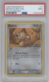 Meowth from the 2005 Pokemon EX set graded by PSA and given an overall grade of 9.