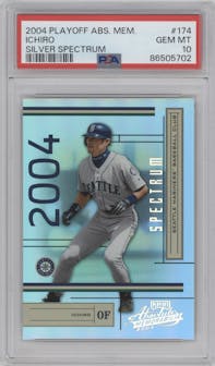 Ichiro Suzuki from the 2004 Playoff Absolute Memorabilia set featuring a Spectrum Silver parallel graded by PSA and given an overall grade of 10.