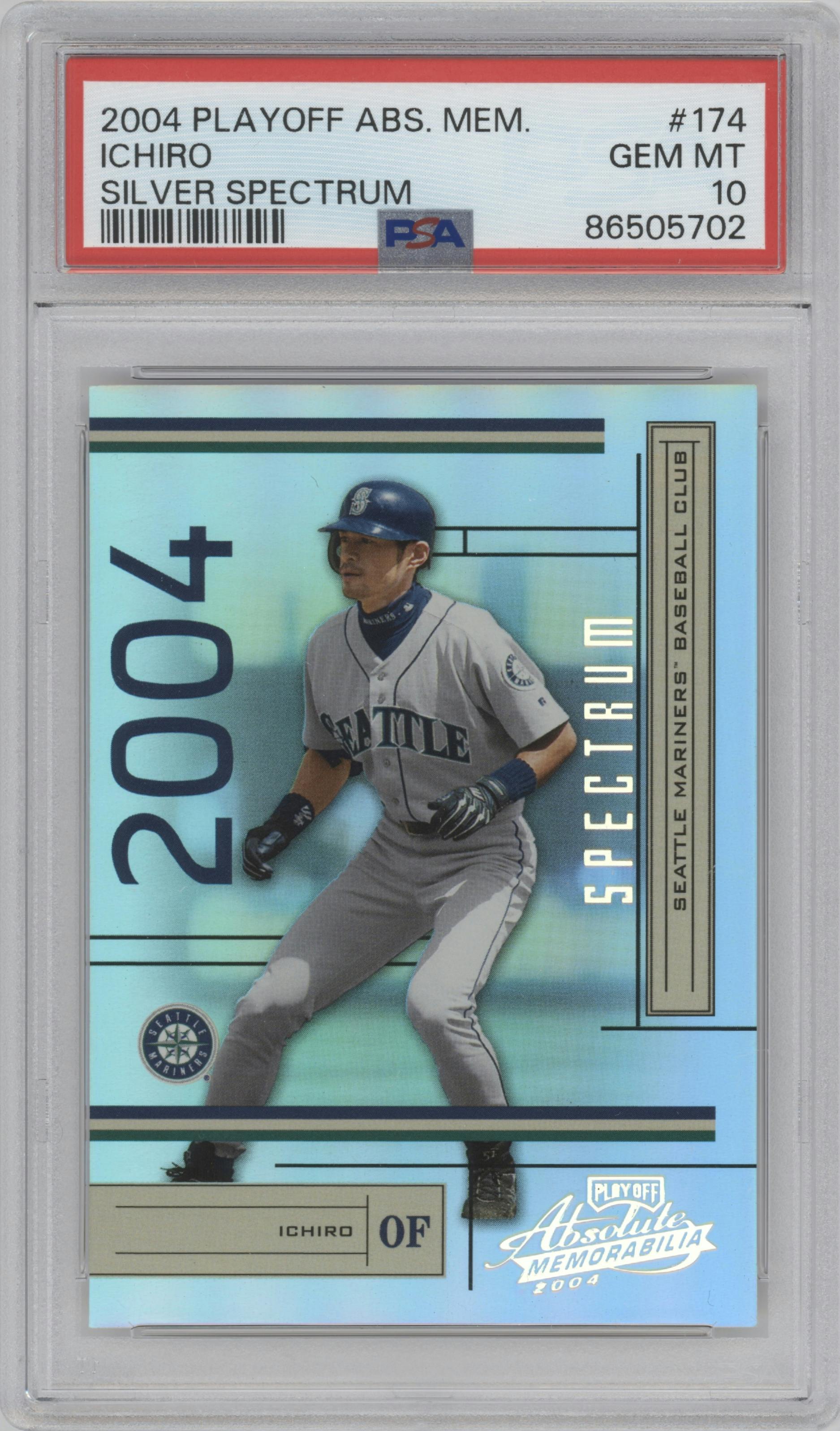 Ichiro Suzuki from the 2004 Playoff Absolute Memorabilia set featuring a Spectrum Silver parallel graded by PSA and given an overall grade of 10.