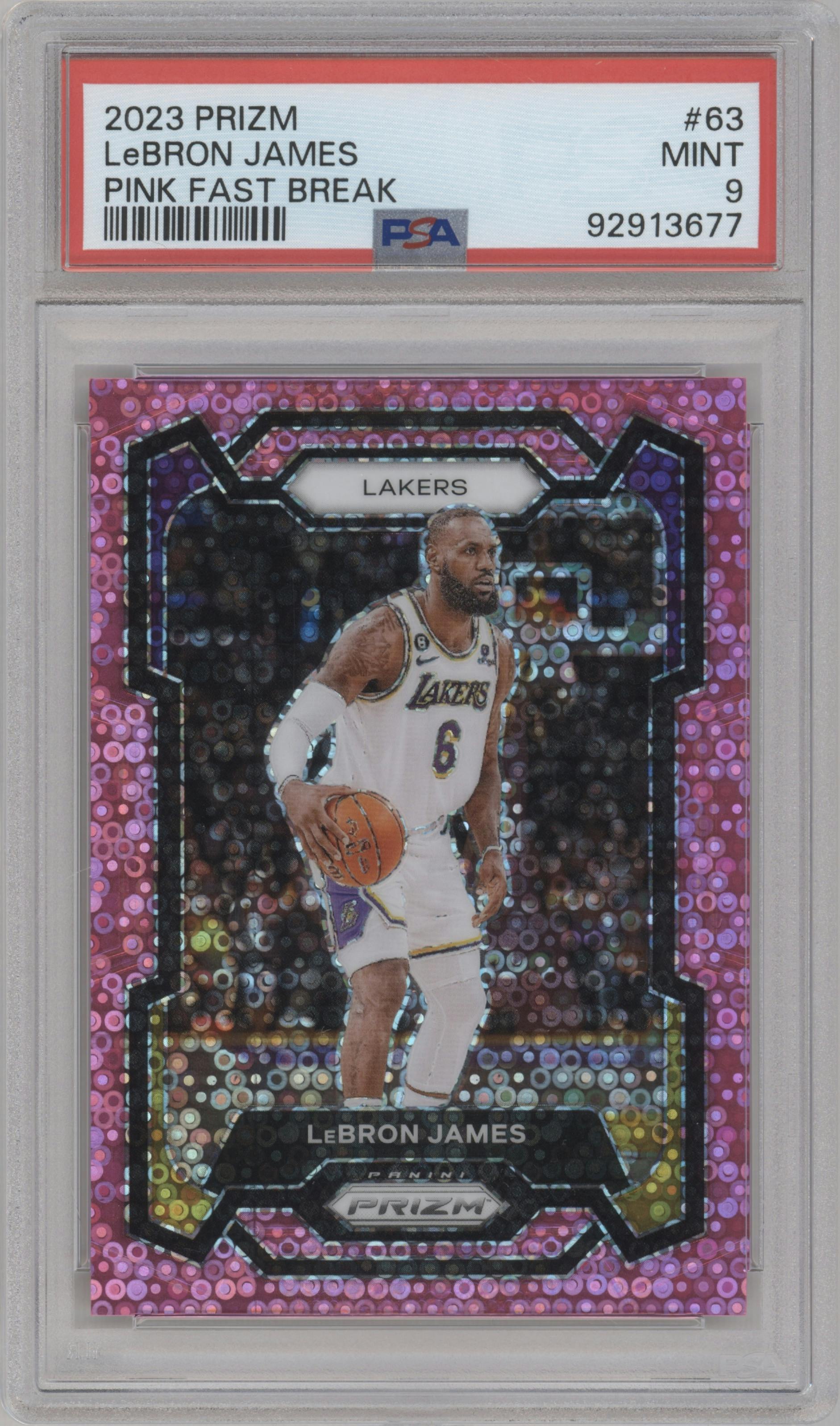 LeBron James from the 2023-24 Panini Prizm set featuring a Fast Break Pink parallel graded by PSA and given an overall grade of 9.