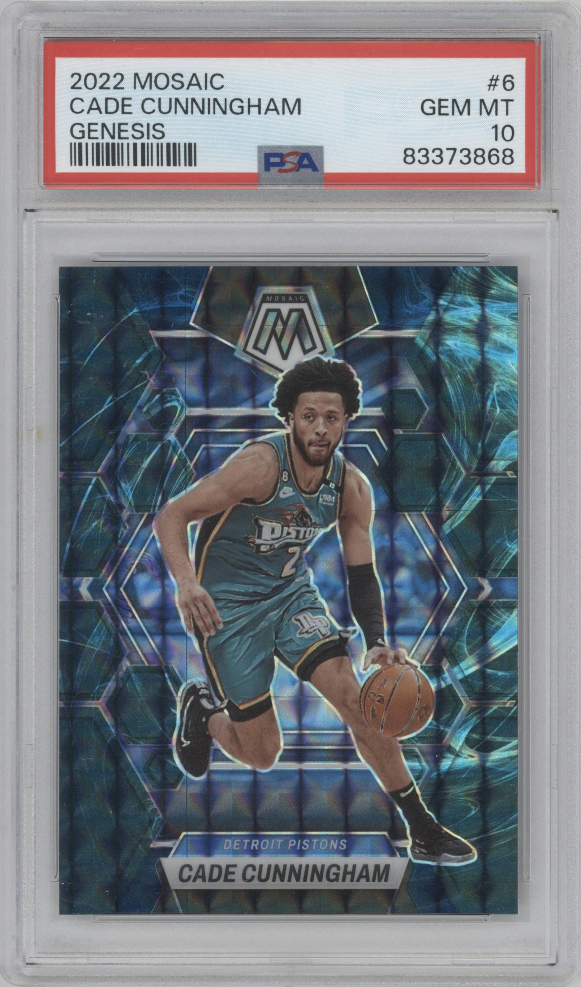 Cade Cunningham from the 2022-23 Panini Mosaic set featuring a Genesis parallel graded by PSA and given an overall grade of 10.