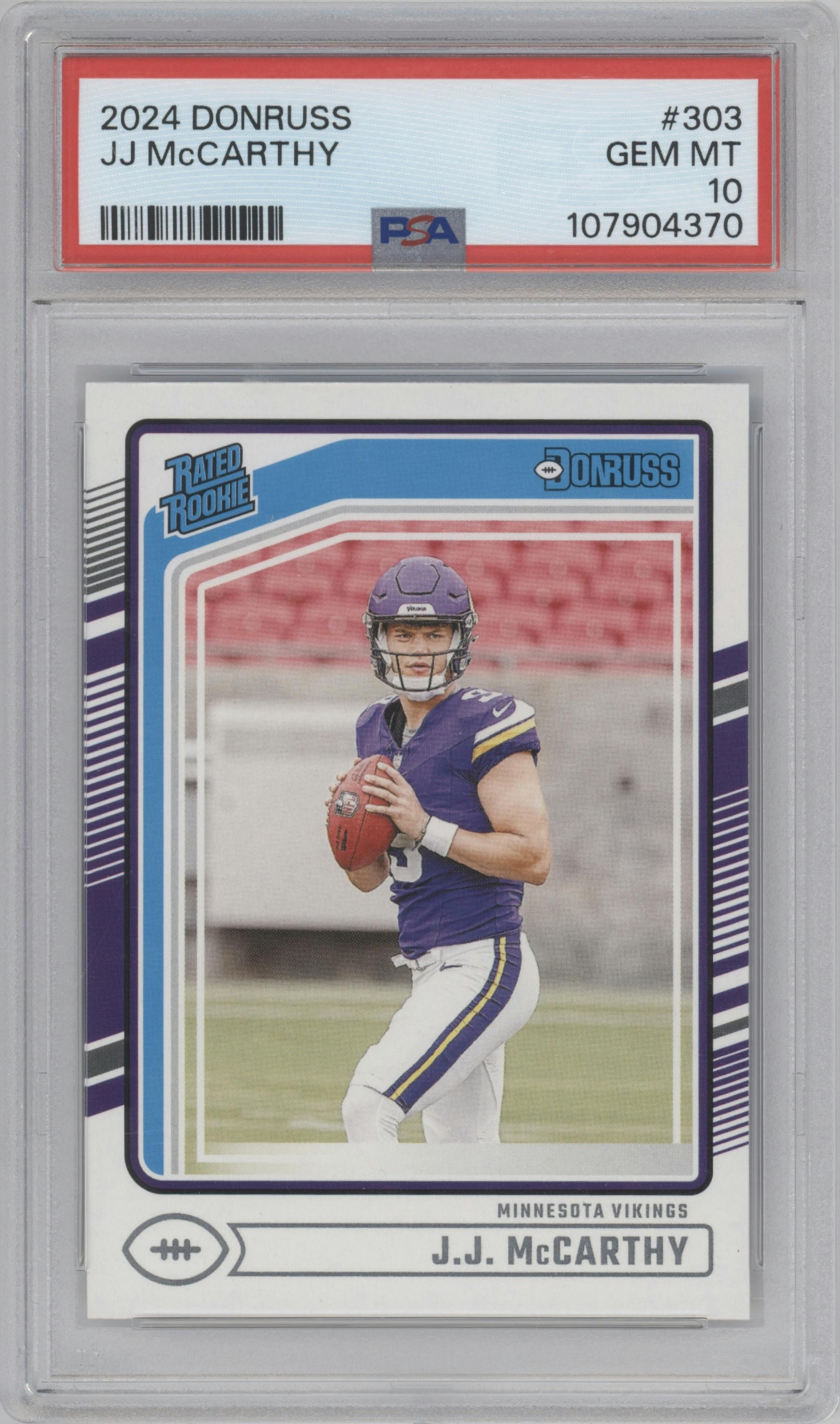 J.J. McCarthy from the 2024 Donruss set graded by PSA and given an overall grade of 10.