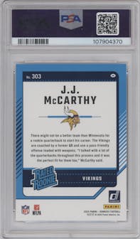 J.J. McCarthy from the 2024 Donruss set graded by PSA and given an overall grade of 10.