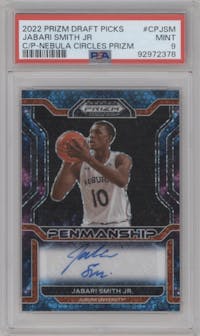 Jabari Smith Jr. from the 2022-23 Panini Prizm Draft Picks set featuring a Prizms Nebula Circles parallel graded by PSA and given an overall grade of 9.