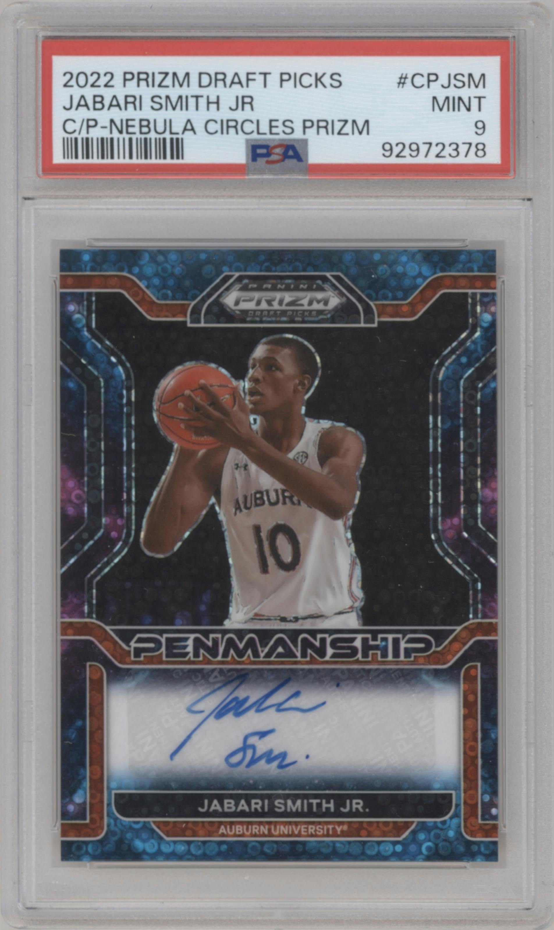 Jabari Smith Jr. from the 2022-23 Panini Prizm Draft Picks set featuring a Prizms Nebula Circles parallel graded by PSA and given an overall grade of 9.