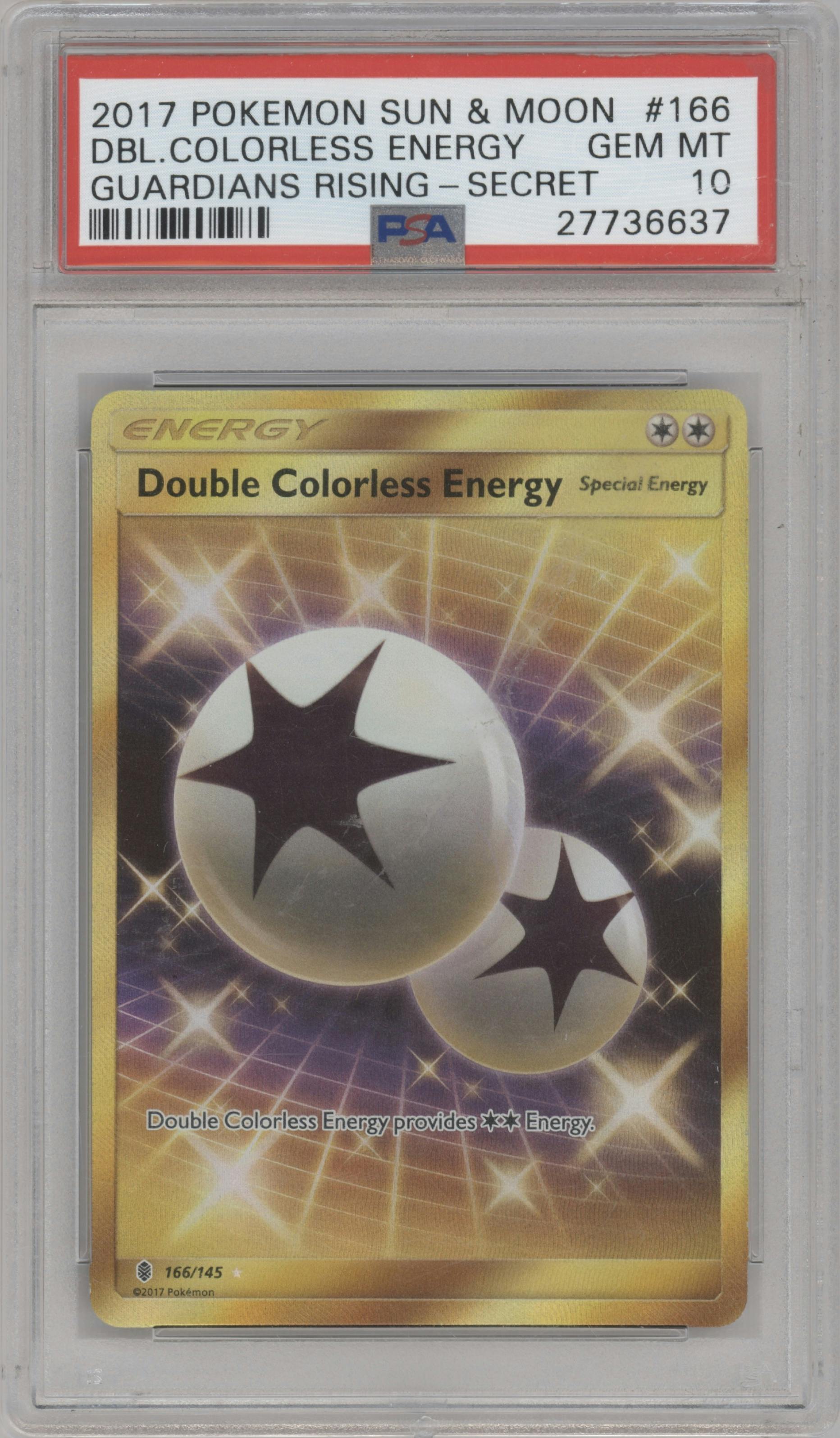 Double Colorless Energy from the 2017 Pokemon S&M set graded by PSA and given an overall grade of 10.