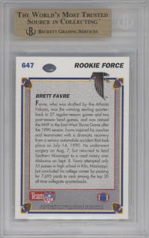 Brett Favre from the 1991 Upper Deck set graded by Beckett and given an overall grade of 9.5.