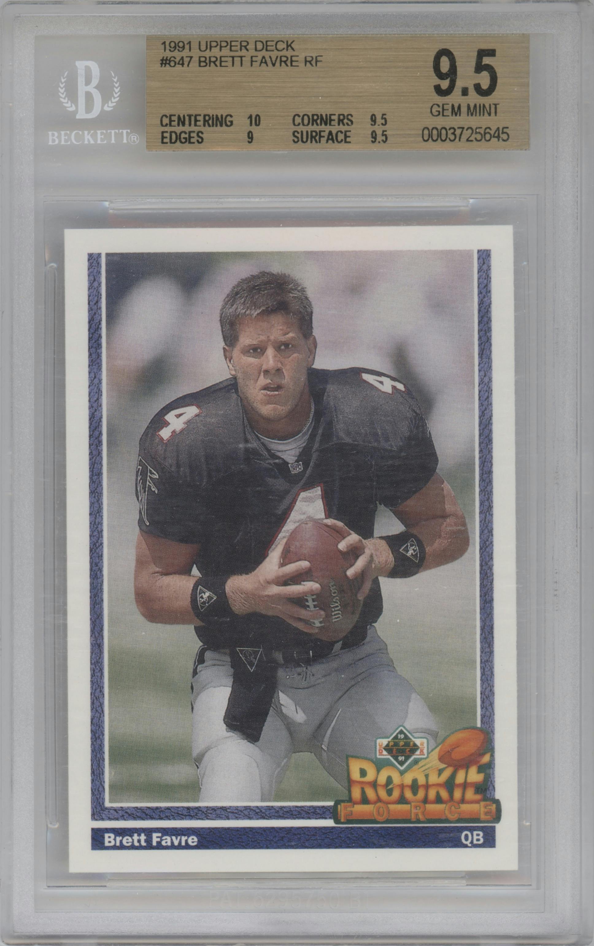 Brett Favre from the 1991 Upper Deck set graded by Beckett and given an overall grade of 9.5.