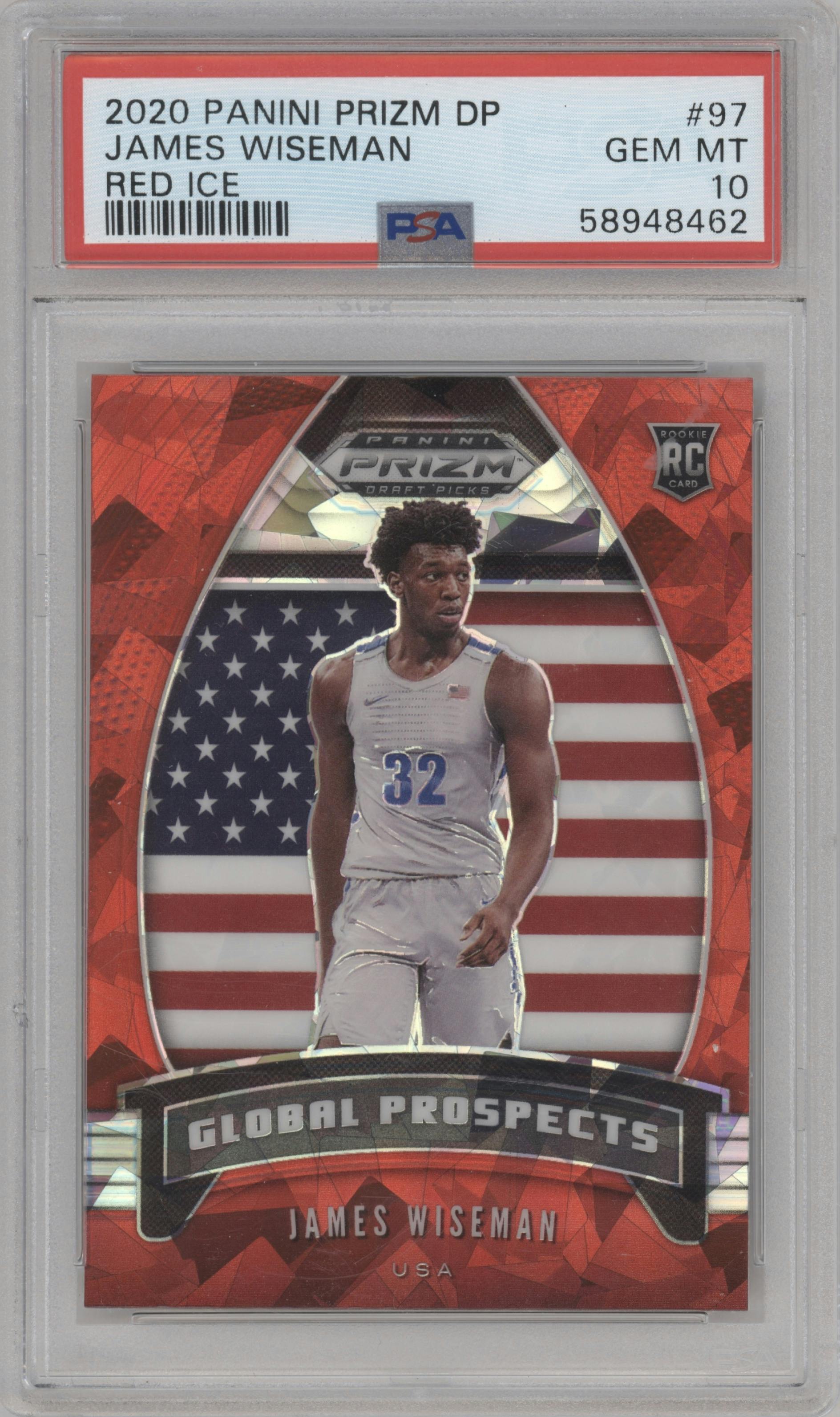 James Wiseman from the 2020-21 Panini Prizm Draft Picks set featuring a Red Ice parallel graded by PSA and given an overall grade of 10.