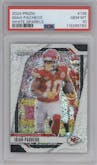 Isiah Pacheco from the 2024 Panini Prizm set featuring a White Sparkle parallel graded by PSA and given an overall grade of 10.