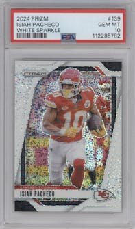 Isiah Pacheco from the 2024 Panini Prizm set featuring a White Sparkle parallel graded by PSA and given an overall grade of 10.