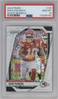 Isiah Pacheco from the 2024 Panini Prizm set featuring a White Sparkle parallel graded by PSA and given an overall grade of 10.