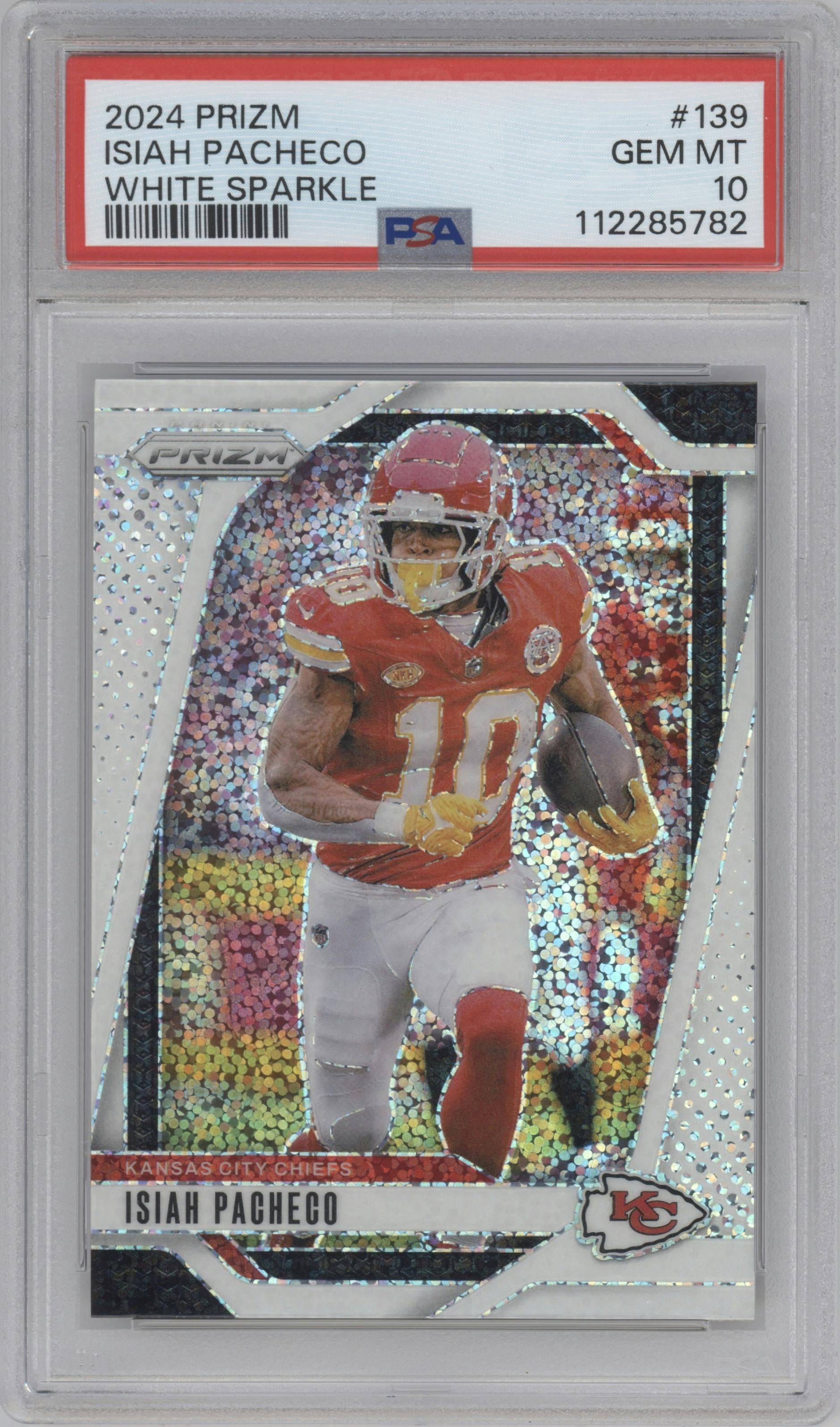 Isiah Pacheco from the 2024 Panini Prizm set featuring a White Sparkle parallel graded by PSA and given an overall grade of 10.