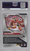 Isiah Pacheco from the 2024 Panini Prizm set featuring a White Sparkle parallel graded by PSA and given an overall grade of 10.