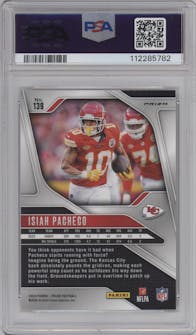 Isiah Pacheco from the 2024 Panini Prizm set featuring a White Sparkle parallel graded by PSA and given an overall grade of 10.