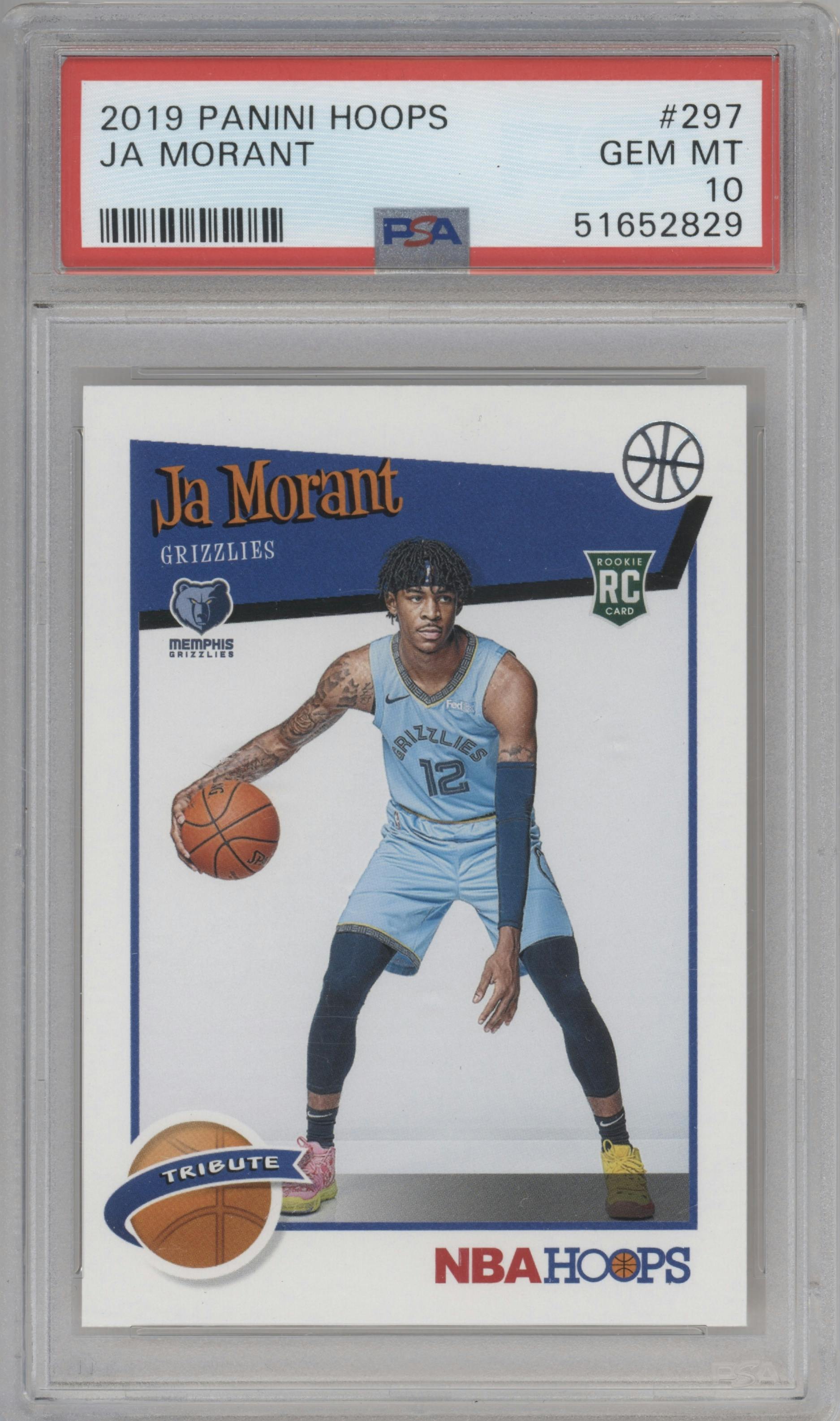 Ja Morant from the 2019-20 Panini NBA Hoops set graded by PSA and given an overall grade of 10.