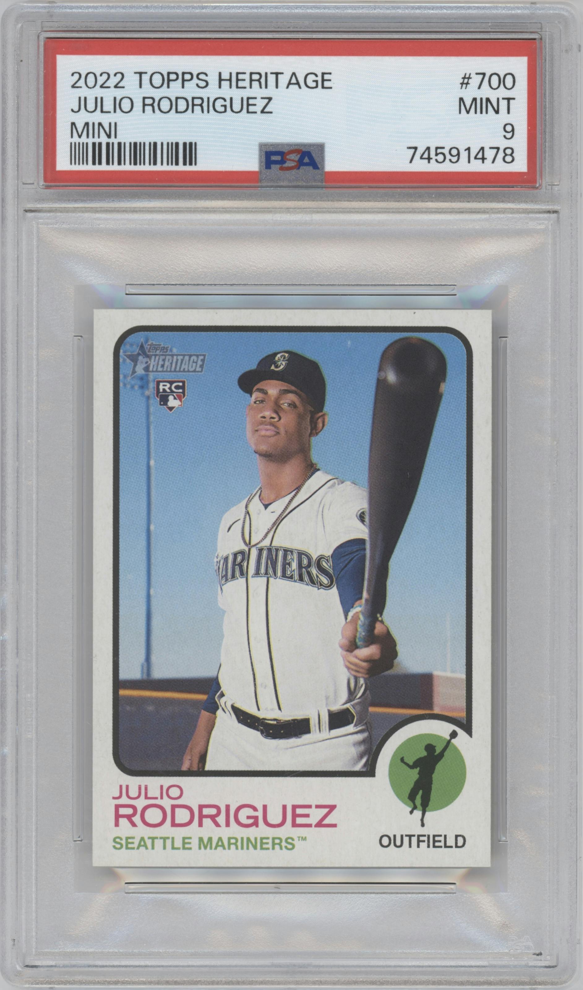 Julio Rodriguez from the 2022 Topps Heritage High Number set graded by PSA and given an overall grade of 9.