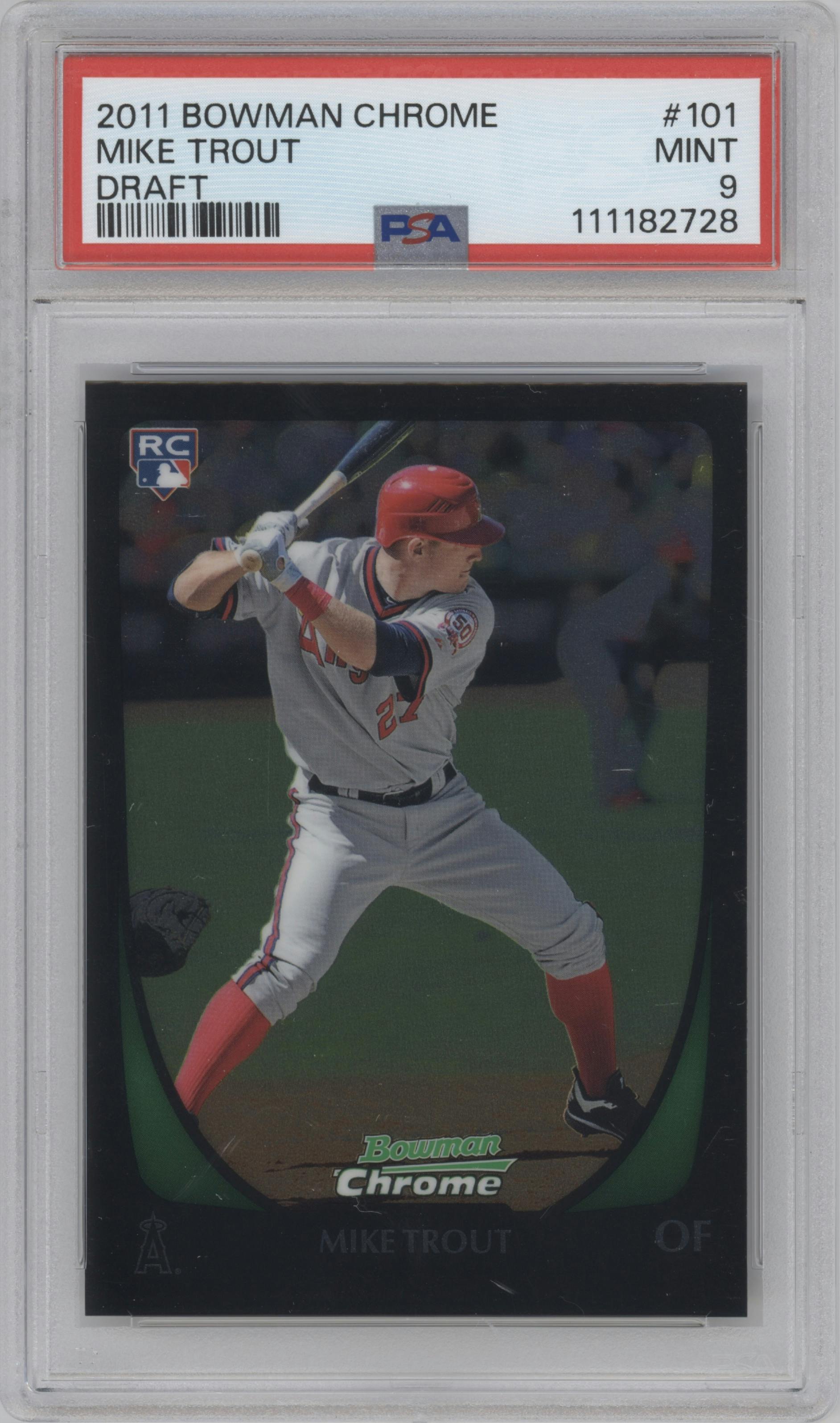 Mike Trout from the 2011 Bowman Chrome Draft set graded by PSA and given an overall grade of 9.