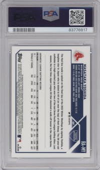 Masataka Yoshida from the 2023 Topps Chrome set featuring a Purple Speckle Refractor parallel graded by PSA and given an overall grade of 10.