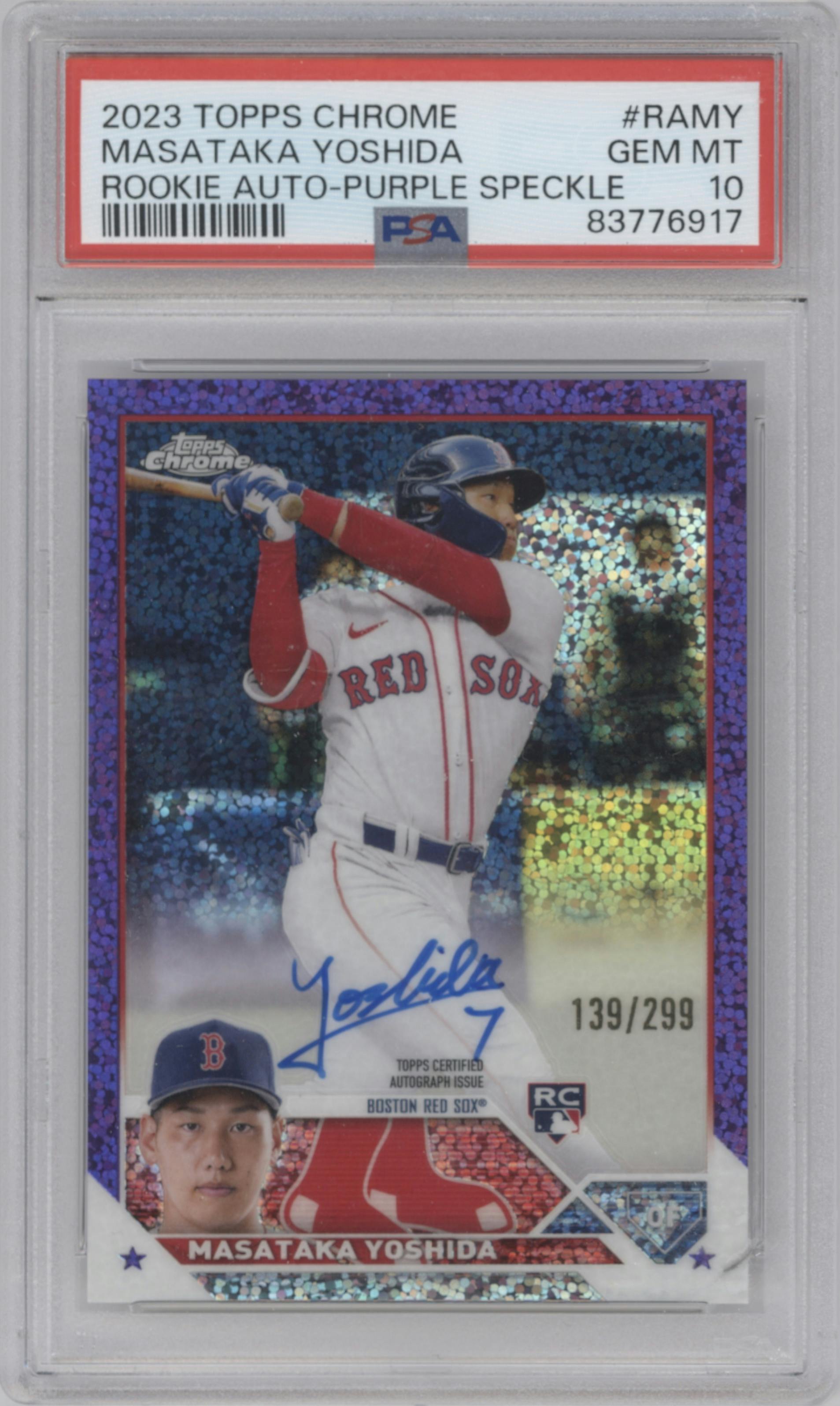 Masataka Yoshida from the 2023 Topps Chrome set featuring a Purple Speckle Refractor parallel graded by PSA and given an overall grade of 10.