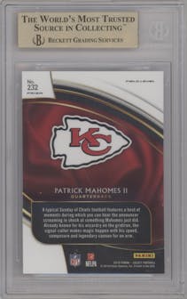 Patrick Mahomes II from the 2018 Panini Select set featuring a Silver Prizm parallel graded by Beckett and given an overall grade of 9.5.