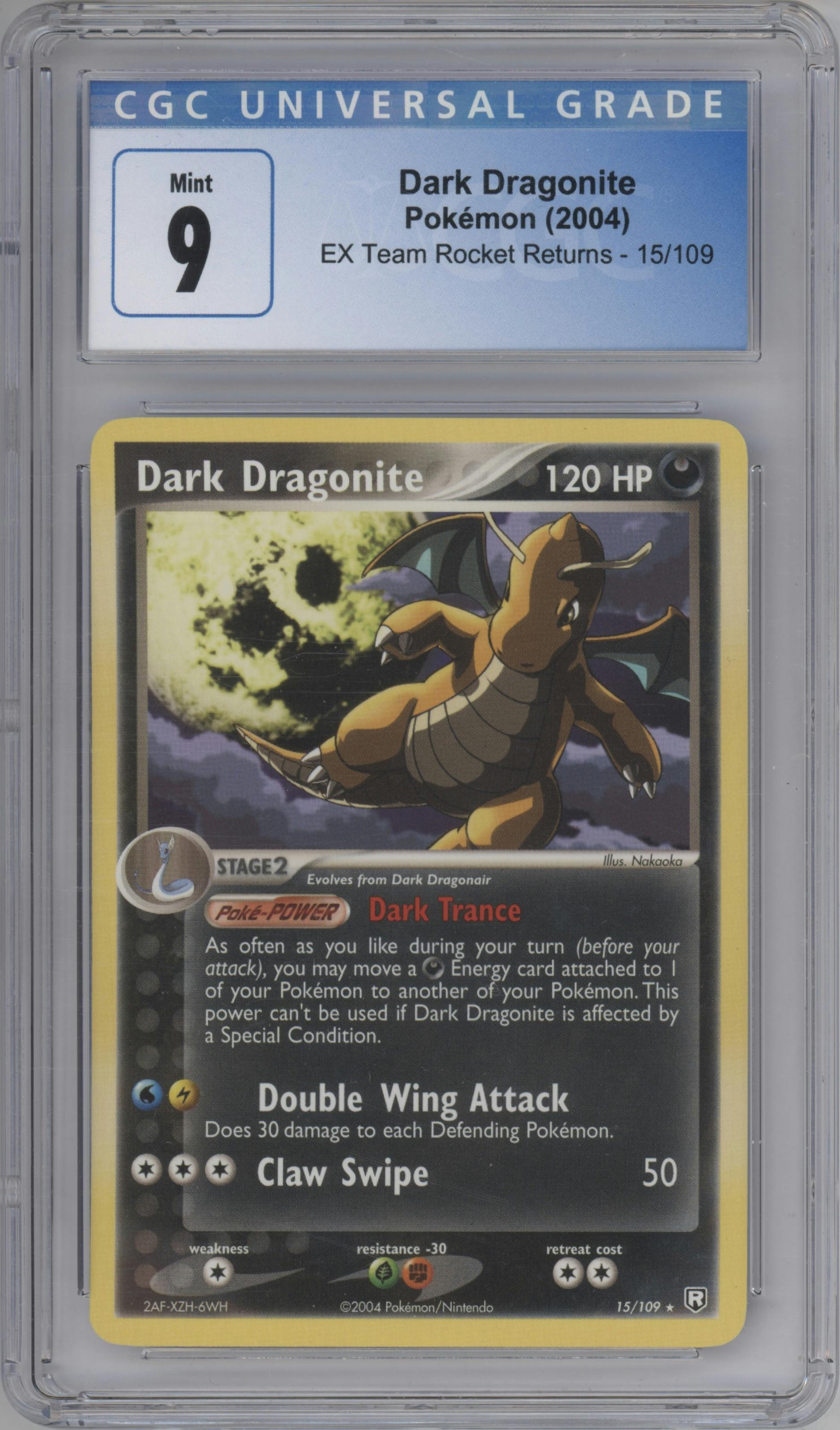 Dark Dragonite from the 2004 Pokemon EX set graded by CSG and given an overall grade of 9.