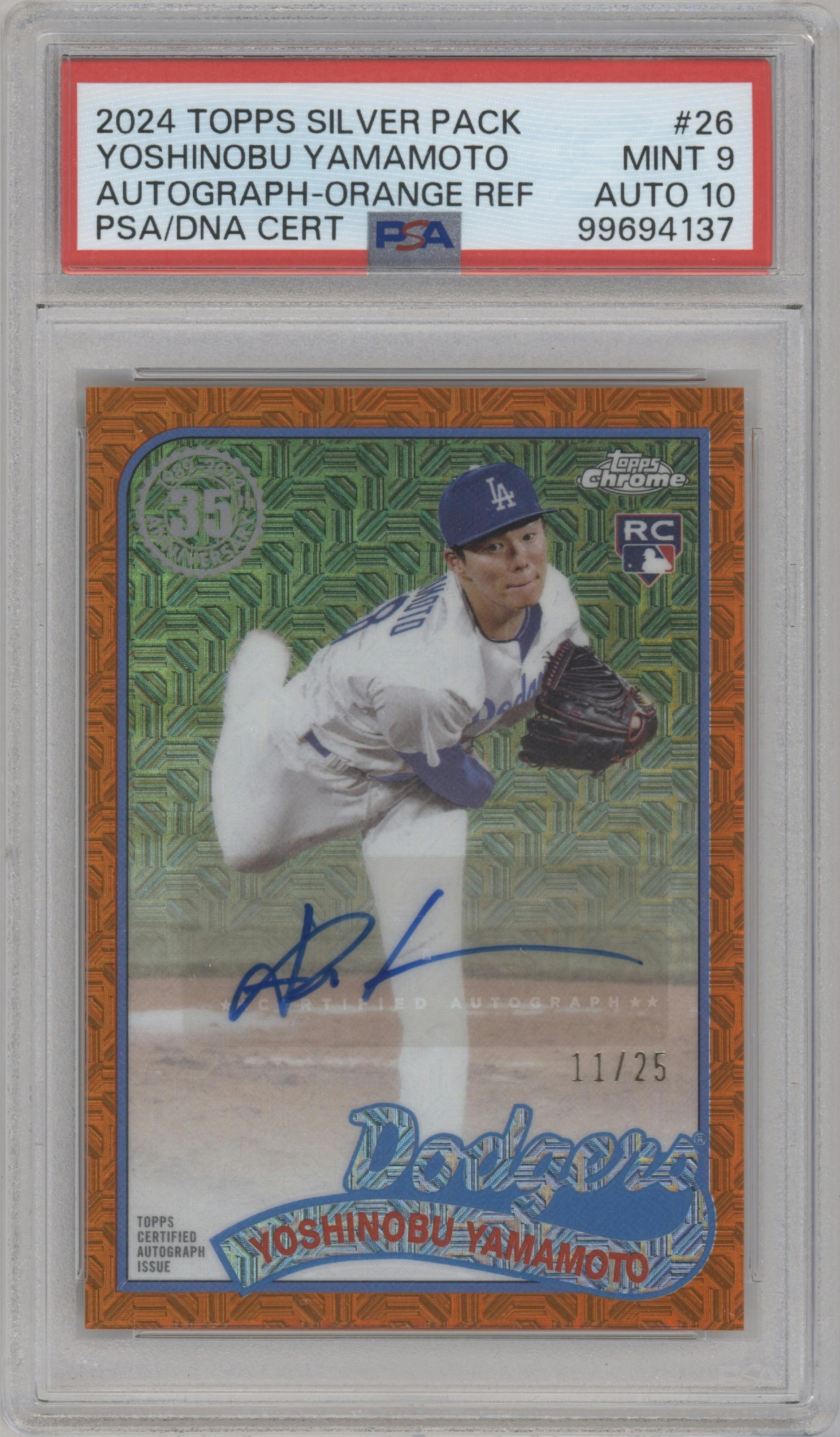  Yoshinobu Yamamoto from the 2024 Topps Series 2 Silver Pack set featuring a Orange parallel graded by PSA and given an overall grade of 9.