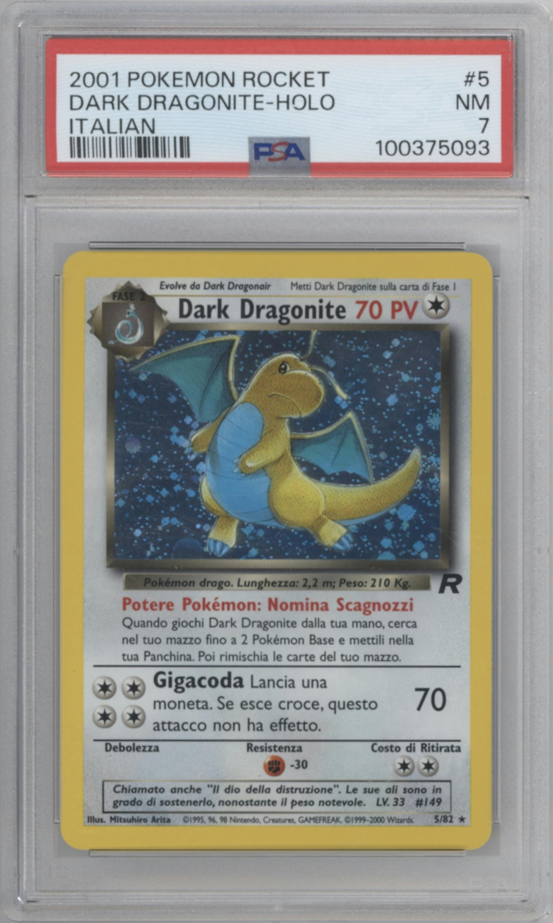 Dark Dragonite from the 2000 Pokemon Italy set graded by PSA and given an overall grade of 7.