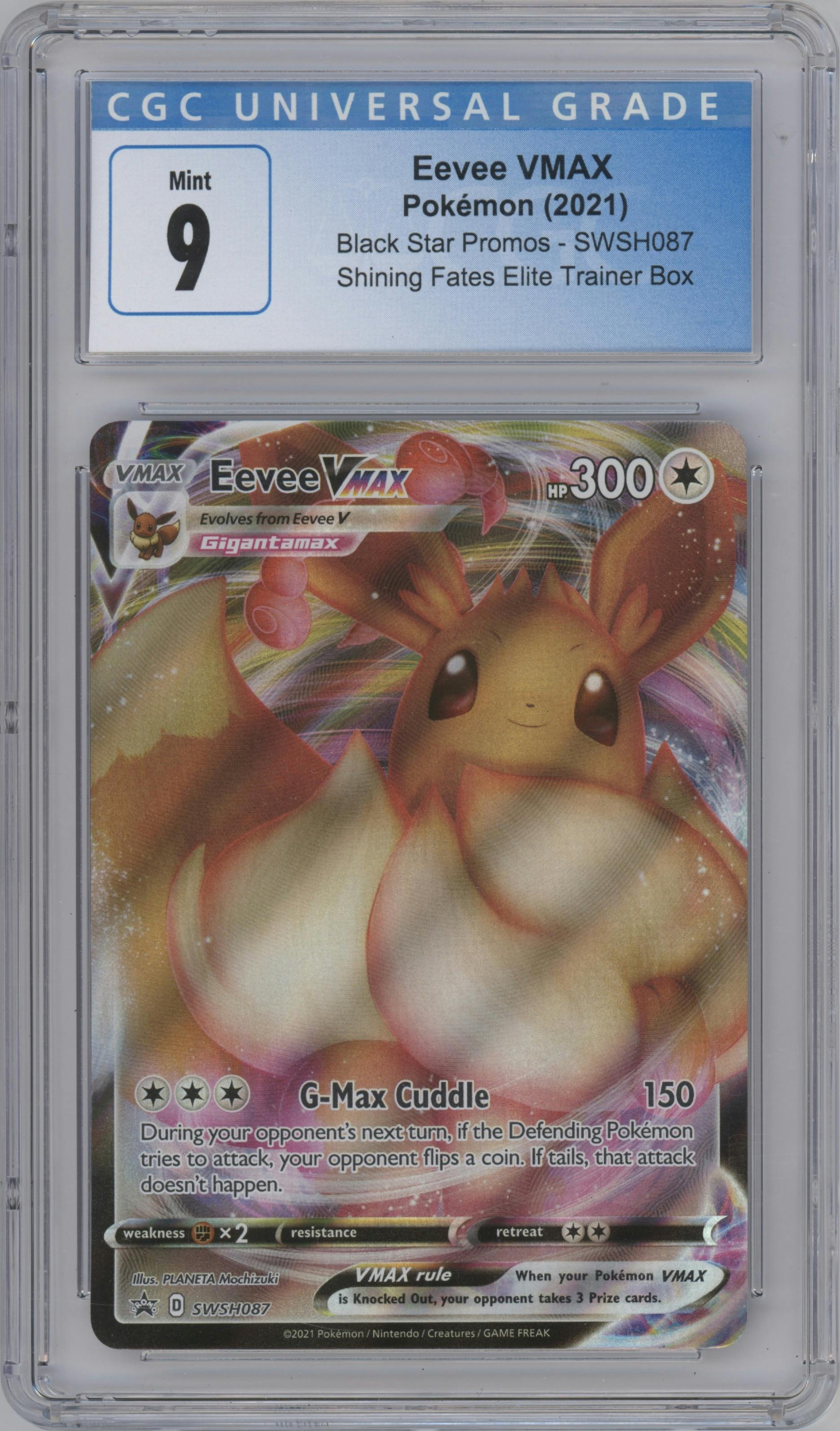 Eevee VMAX from the 2021 Pokemon SWSH set featuring a Shining Fates Elite Trainer Box parallel graded by CSG and given an overall grade of 9.