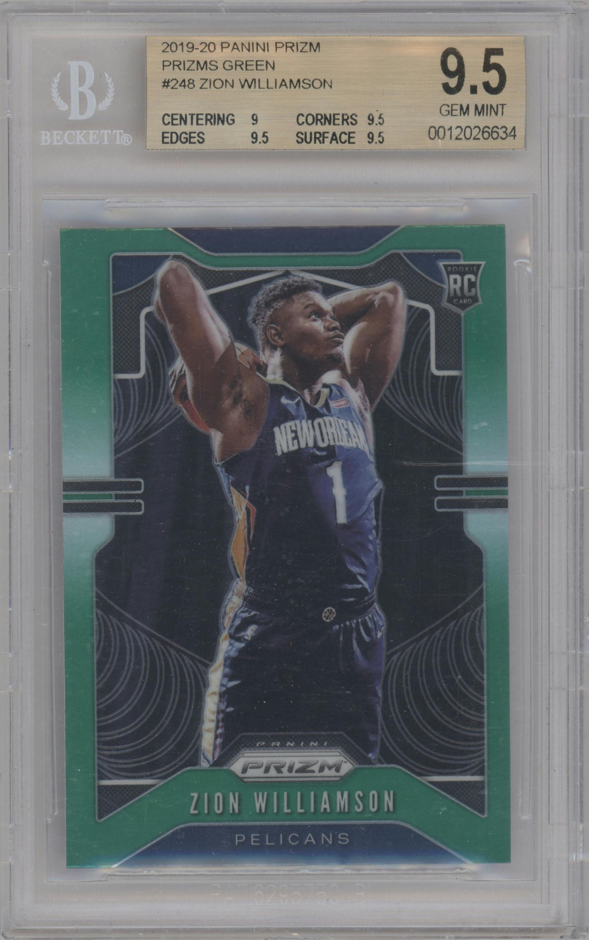 Zion Williamson from the 2019-20 Panini Prizm set featuring a Green Prizm parallel graded by Beckett and given an overall grade of 9.5.