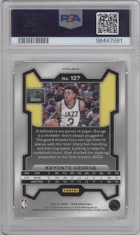 Keyonte George from the 2023-24 Panini Prizm set featuring a Orange Ice parallel graded by PSA and given an overall grade of 9.