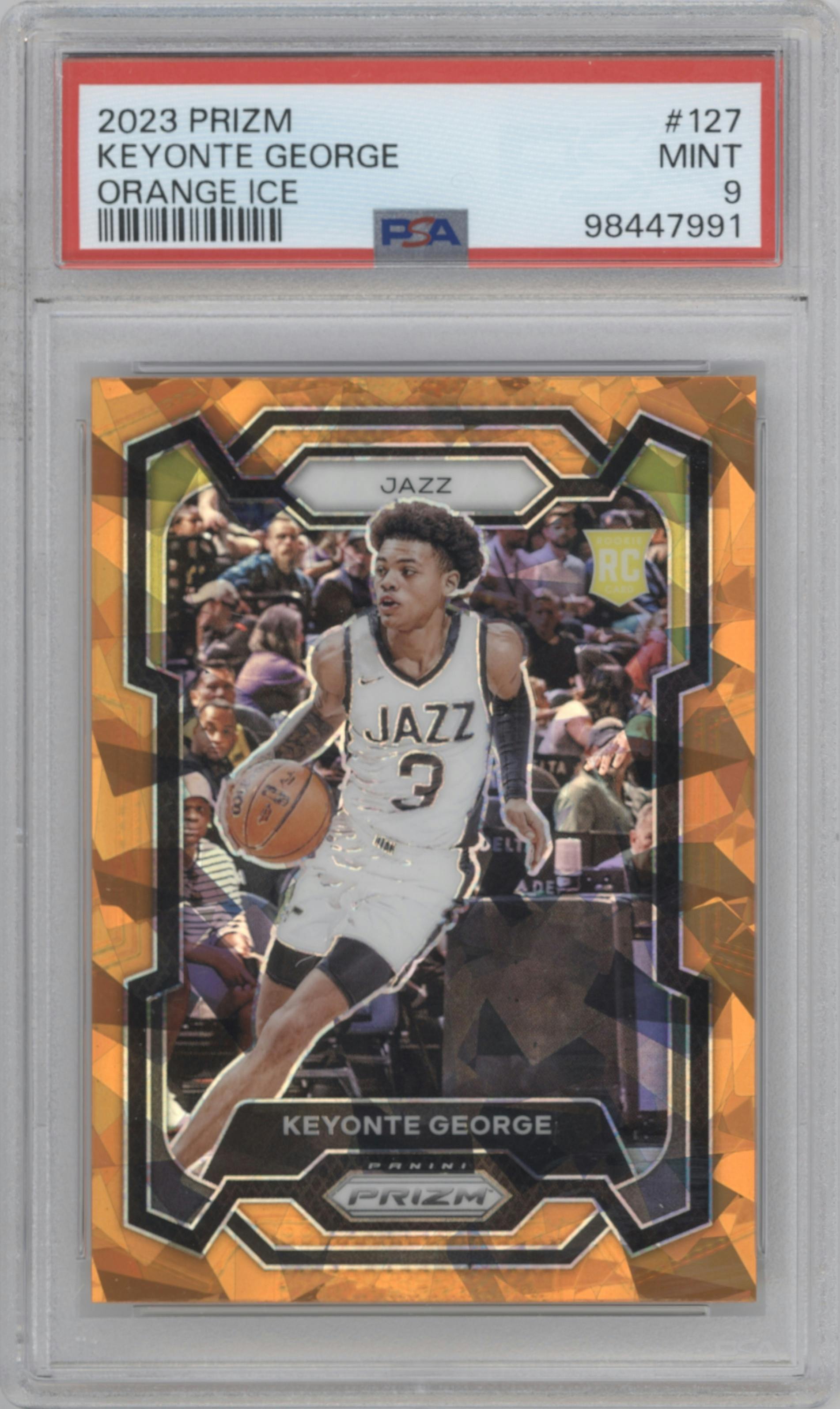 Keyonte George from the 2023-24 Panini Prizm set featuring a Orange Ice parallel graded by PSA and given an overall grade of 9.