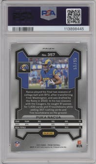 Puka Nacua from the 2023 Panini Prizm set featuring a No Huddle Blue parallel graded by PSA and given an overall grade of 10.