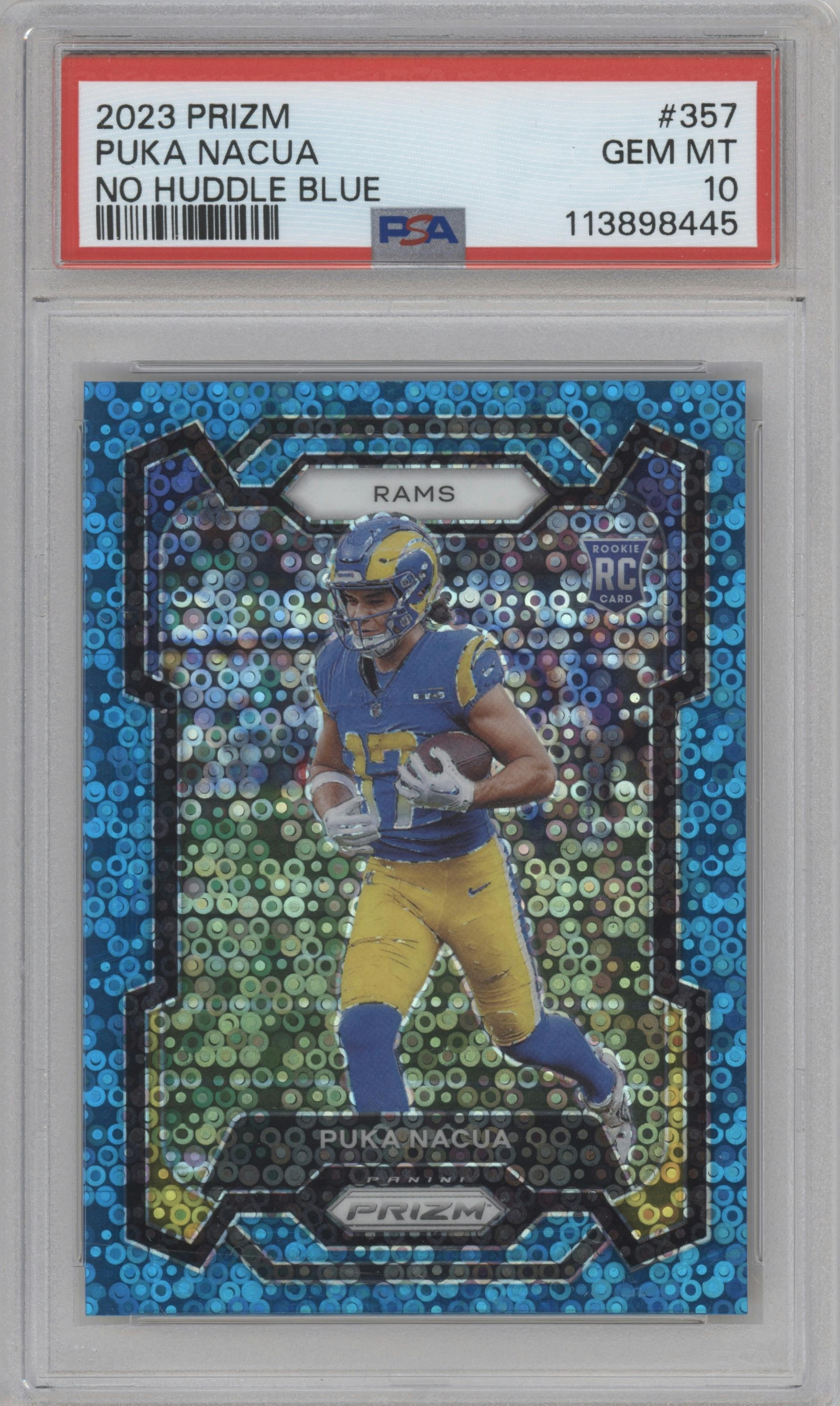 Puka Nacua from the 2023 Panini Prizm set featuring a No Huddle Blue parallel graded by PSA and given an overall grade of 10.