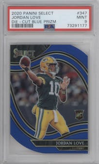 Jordan Love from the 2020 Panini Select set featuring a Die-Cut Blue parallel graded by PSA and given an overall grade of 9.