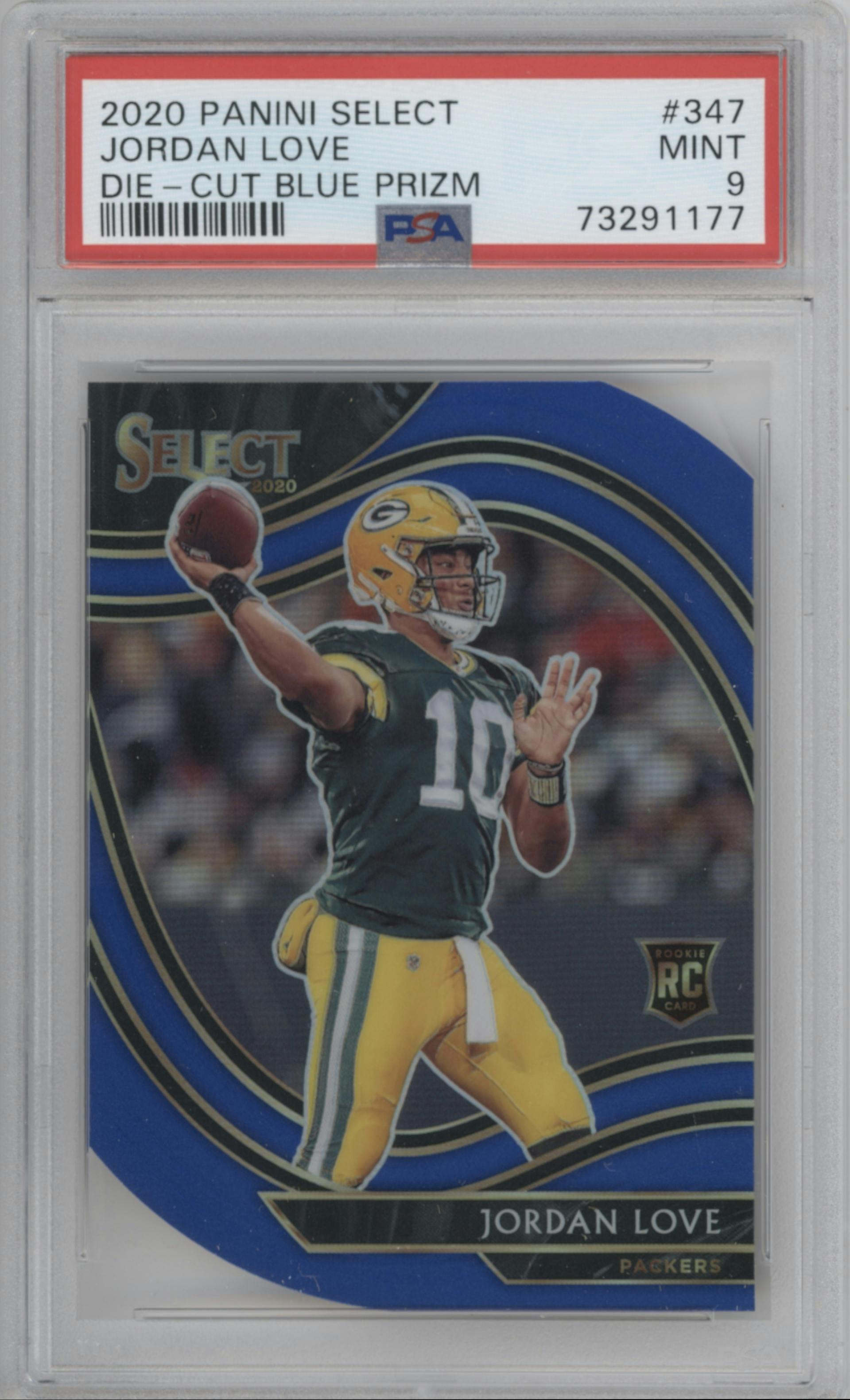 Jordan Love from the 2020 Panini Select set featuring a Die-Cut Blue parallel graded by PSA and given an overall grade of 9.