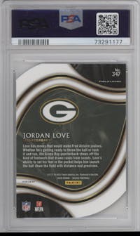 Jordan Love from the 2020 Panini Select set featuring a Die-Cut Blue parallel graded by PSA and given an overall grade of 9.