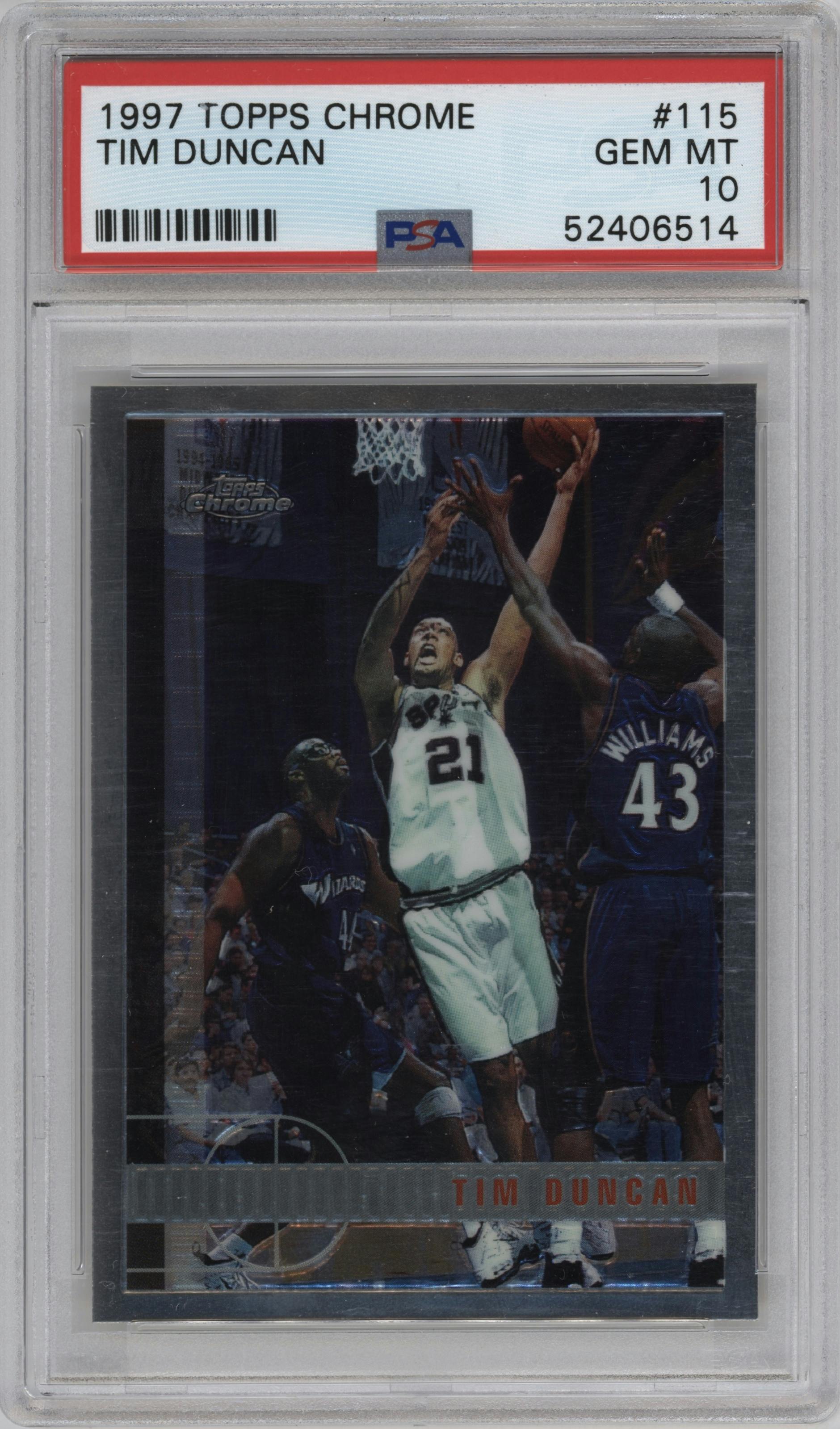 Tim Duncan from the 1997-98 Topps Chrome set graded by PSA and given an overall grade of 10.