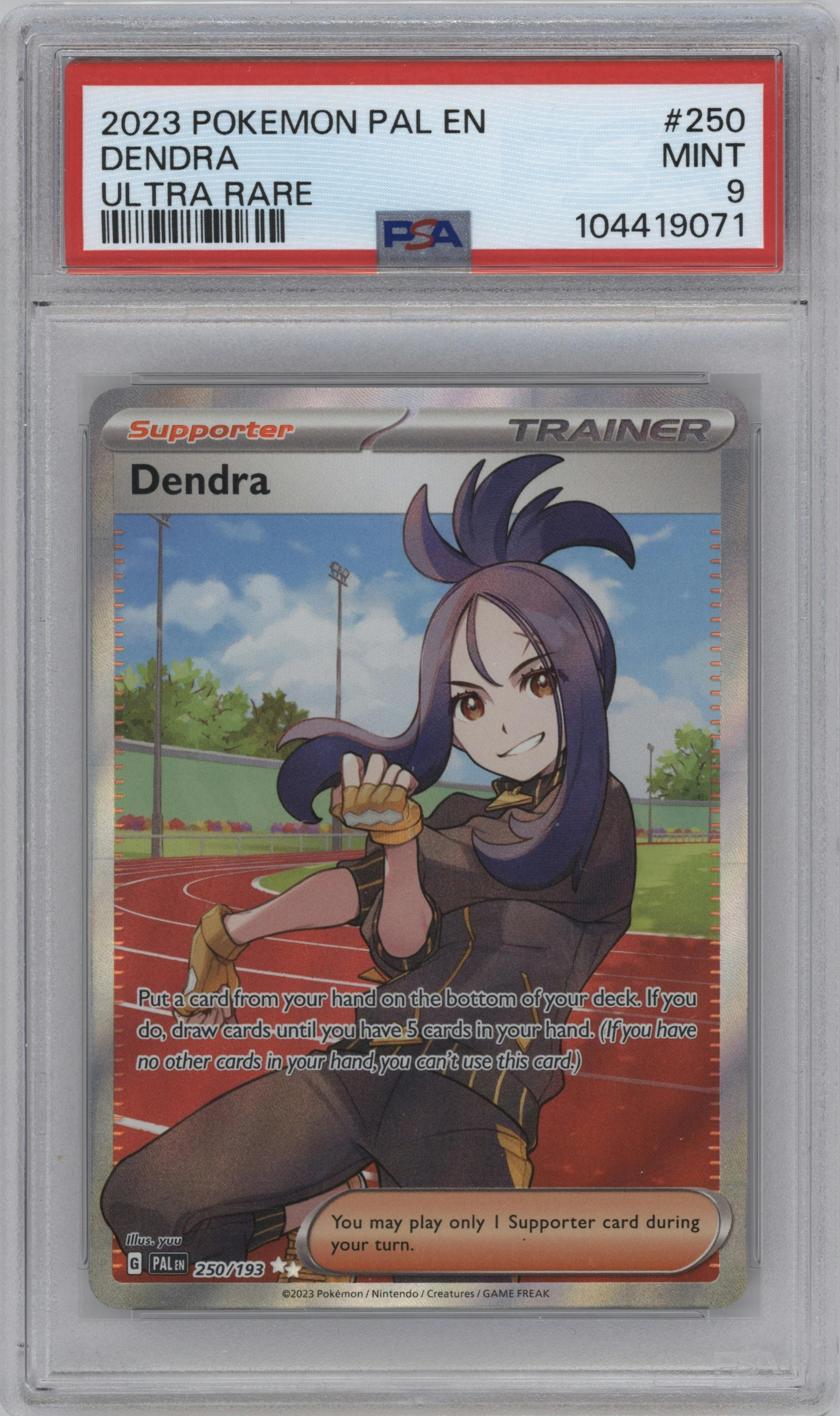 Dendra from the 2023 Pokemon SV set graded by PSA and given an overall grade of 9.
